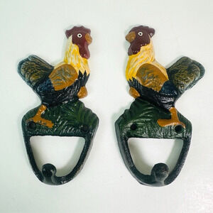 Cast Iron Painted 2 Rooster/Chicken Wall Mounted Hat-Key Hooks Farmhouse VTG